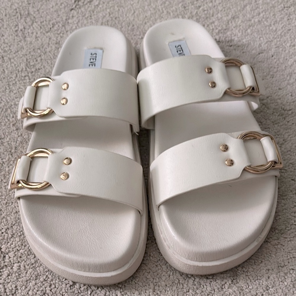 Steve Madden White Sandals with Gold Accents